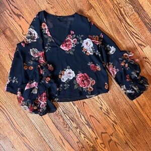 Olivaceous Floral Ruffle Sleeve Blouse - Black/Multi - Size M